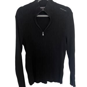 Michael Kors Men’s Black Ribbed Half-Zip Slim Fit Casual Pullover Large